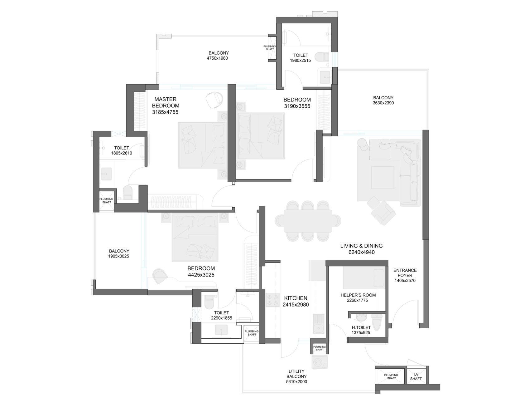 Typical 3 BHK plus helper room apartment layout in Gulshan Empire