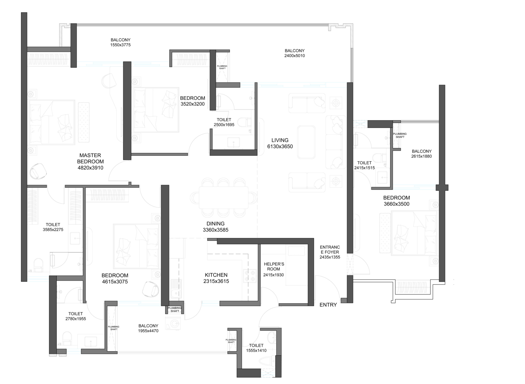 Typical 4 BHK plus helper room apartment layout in Gulshan Empire