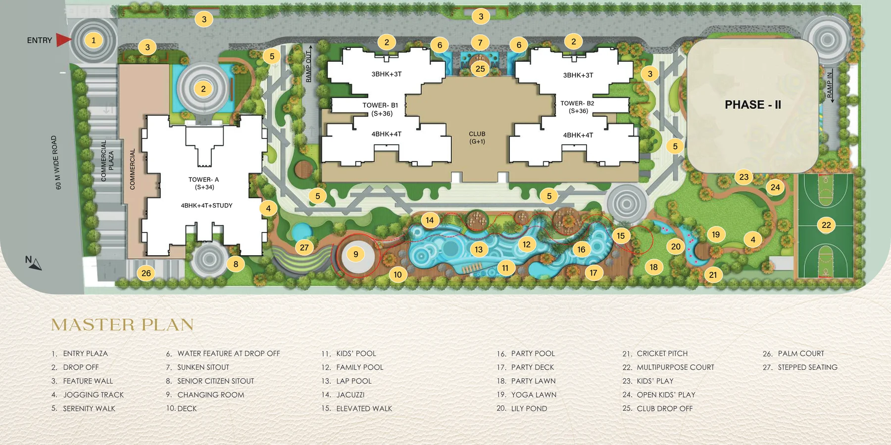 Autograph Luxury Residences master plan with Tower A, Tower B1, Tower B2, the club, the landscape and a commercial plaza beside the entry