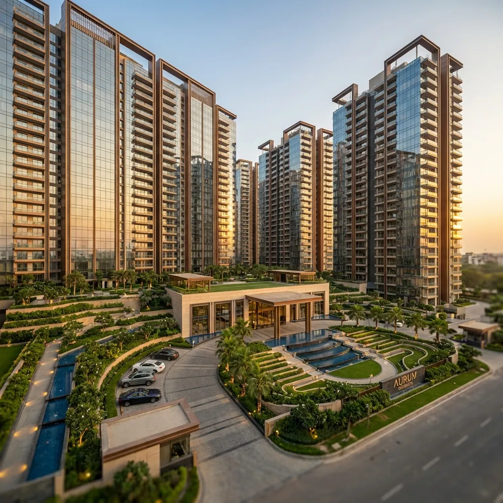 High-rise modern residential development complex featuring glass facade design panels